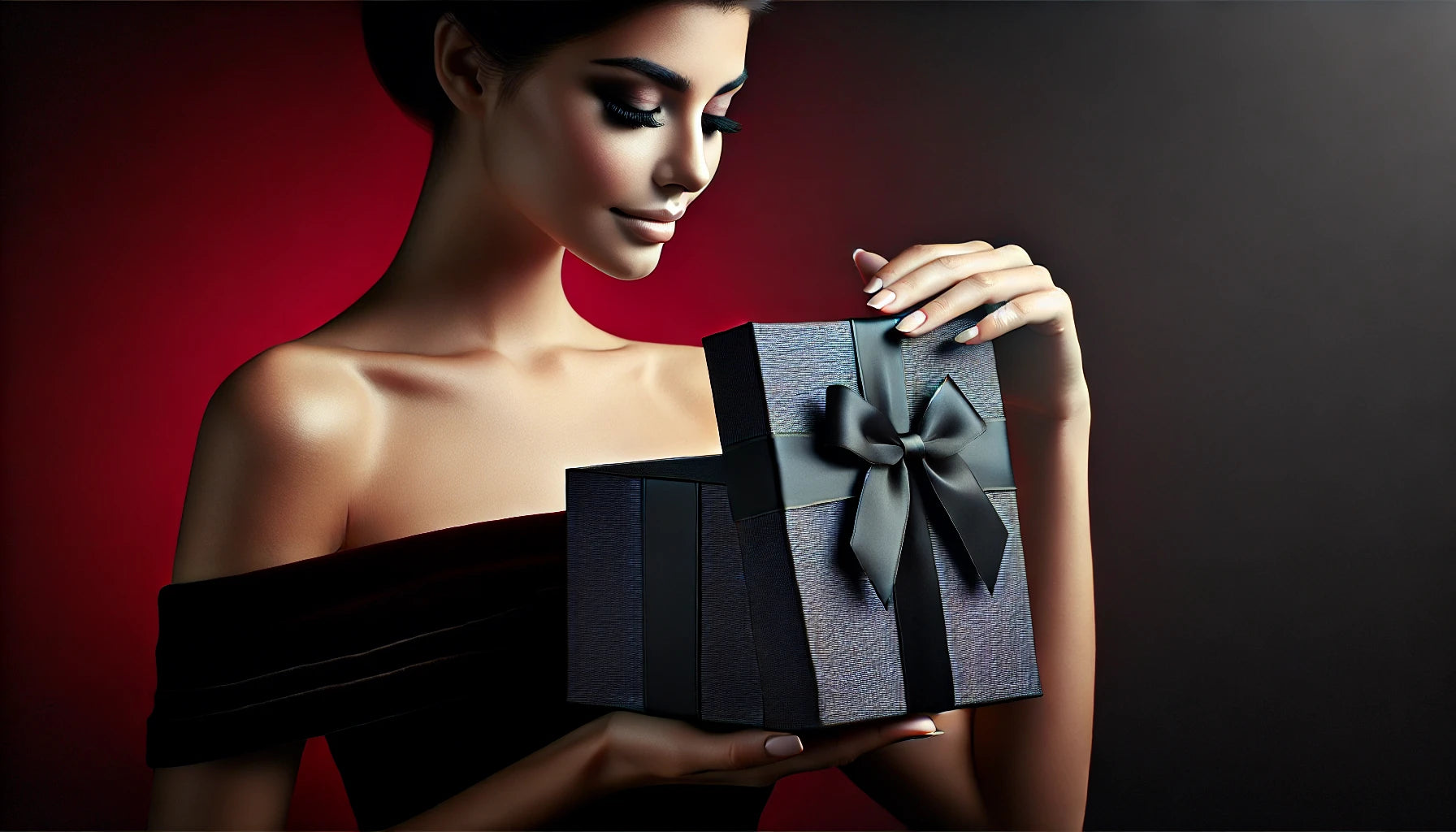 Elegant woman holding a gift box, showcasing the luxury and allure of our premium themed and quiz-based mystery boxes.